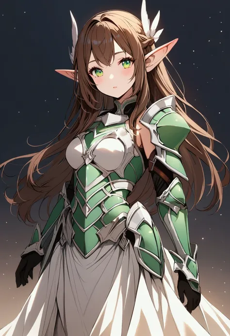 Girl with brown hair, green eyes, elf ears, light efril armor