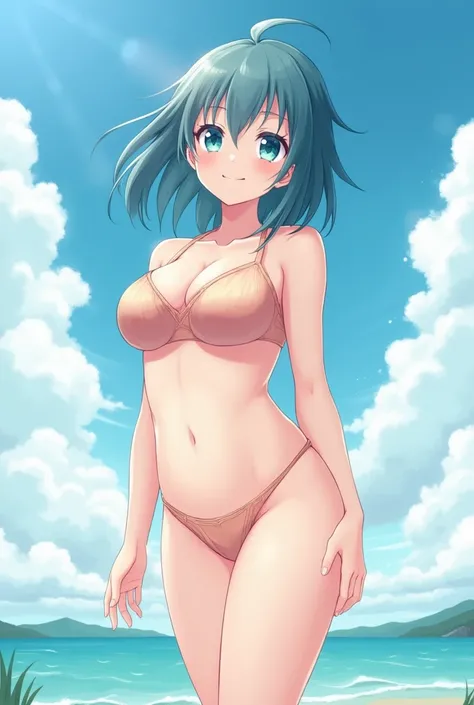 masterpiece, Best Quality, Beautiful, kawaii, 1 girl, Alone, by rubio, aquamarine eyes, smile, sunny, cloudy sky,naked with big tits 