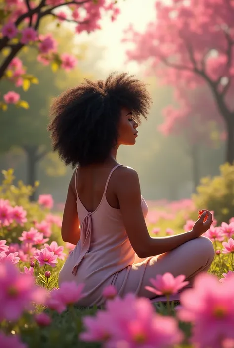 Tan tone black woman meditating outdoors, near a garden of pink flowers, backwards, black curly hair, a little below the shoulders, and curvy build small breasts, with clothes please 