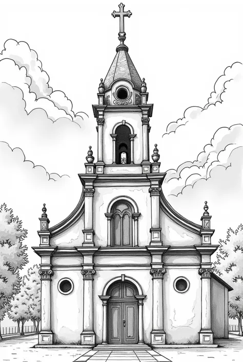 Create a reinterpretation of the work Igreja de Nossa Senhora do Carmo do Aleijadinho. I want it to be a coloring page, with ultra quality, easy to draw and with lots of details 