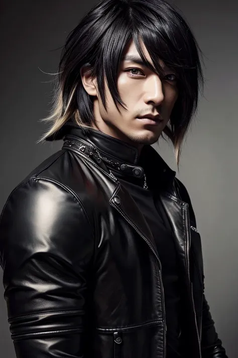 1 japanese gothic man, male, asian eyes, visual kei hairstyle, wearing long black leather pants and a black long leather coat, u...