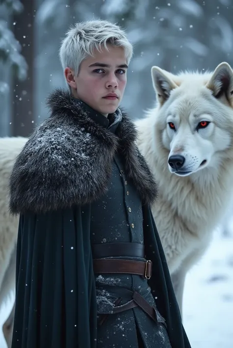 A targaryen teenager boy with 17 years with silver short hair and purple eyes. Winterfell scenary. winter, snow. a white wolf red eyed before him. perfect anatomy, abdomen