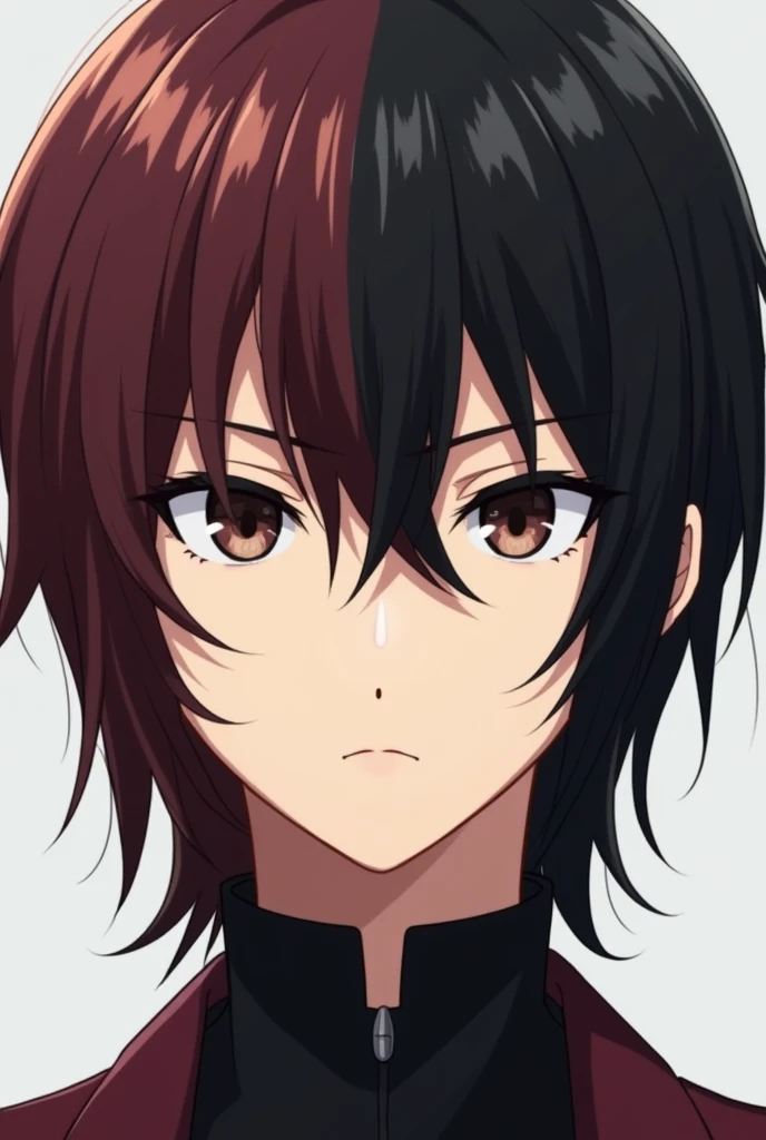 anime style young man, light skinned. Medium long hairstyle with short bangs. Black hair color on the right side and burgundy hair color on the left. Dark brown eyes and serious face.