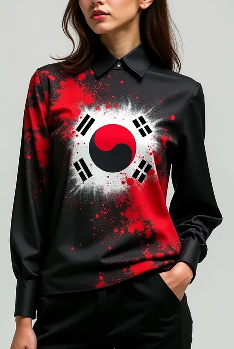 Black blouse with "spatter" of red and white colors and symbol of South Korea on the chest 
