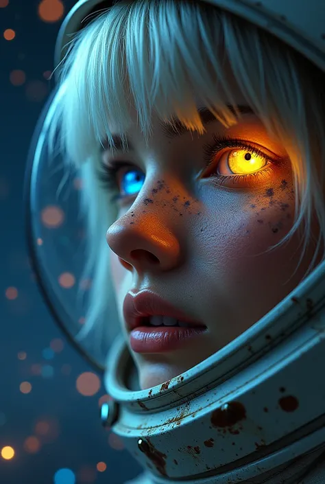 (Close-up of a better masterpiece:1.5)0.9], (Space and astronauts:1.2) (Messy silver hair:1.1) (Heterochromia xanthochromia and blue eyes:1.2) (Space Helmet:1.0) (Colored stars in the eyes:1.0) (A radiant glow:1.1) (thick lips:0.9)