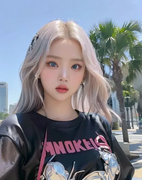 un primer plano de una persona con una camisa posando para una foto y de blue like eyes, parque roseanne de blackpink, chica de pelo plateado, usando cabello plateado, jossi de blackpink, Lalisa Manoban de Blackpink, chica de pelo plateado, portrait of jos...