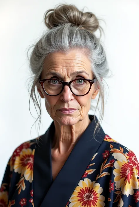 old woman, beautiful, grey hair, messy updo bun, blue eyes, long dark circles, SERIOUS LOOK, glasses, kimono, negro, floral, Front view, Whole body, White background 