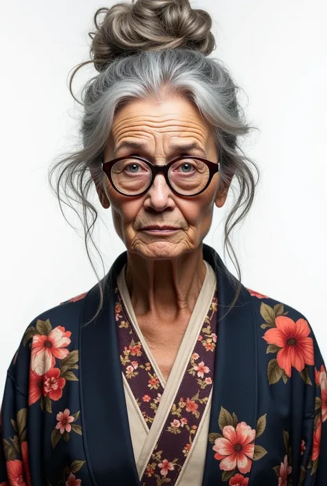 old woman, beautiful, grey hair, messy updo bun, blue eyes, long dark circles, SERIOUS LOOK, glasses, kimono, negro, floral, Front view, Whole body, White background 