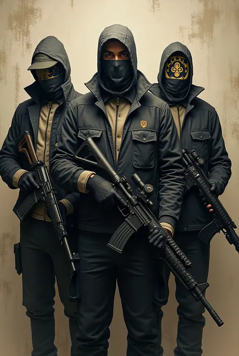 Four mans standing together holding rendom guns with unknown face logo 
