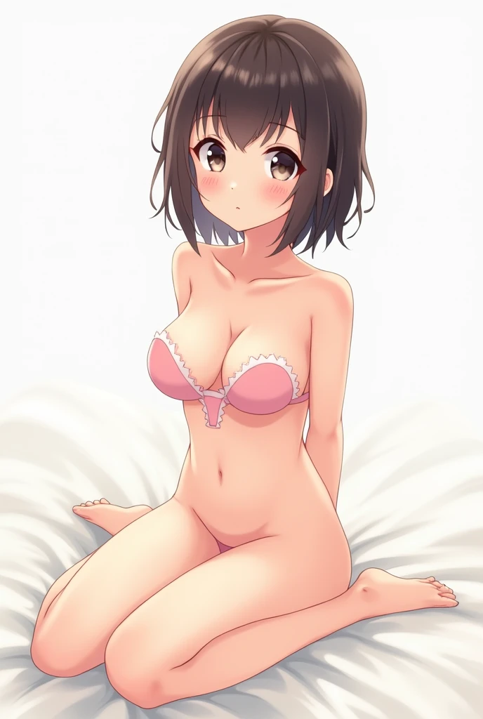 Cute simple girl、Girl sitting with legs spread、Put your hands behind your back、White and beautiful skin、The background is simple and white on the bed、Looking up、The nipples are large、Pink、Completely naked、looking at the camera、Anime Style、Vulva