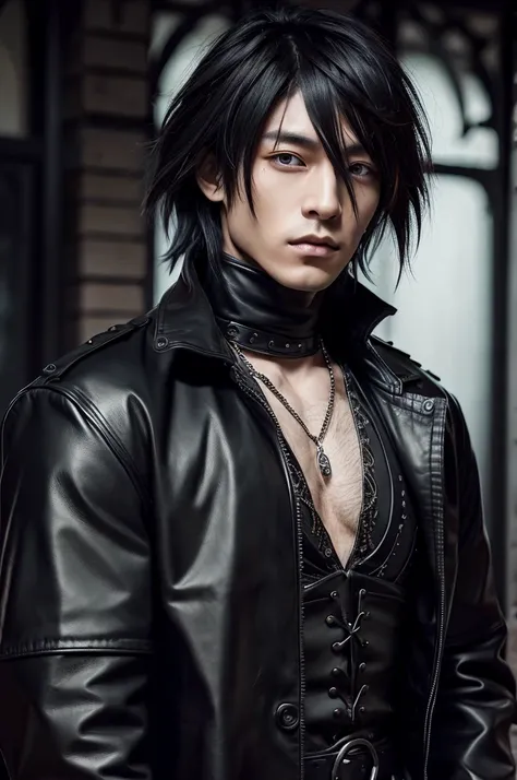 1 Japanese gothic man, male, Asian eyes, Visual kei hairstyle, wearing long black leather pants and a black long leather coat, ultra detailed face and eyes, hyperrealistic, realistic representation, muscular, broad shoulders, pretty face, 30 years old, blo...