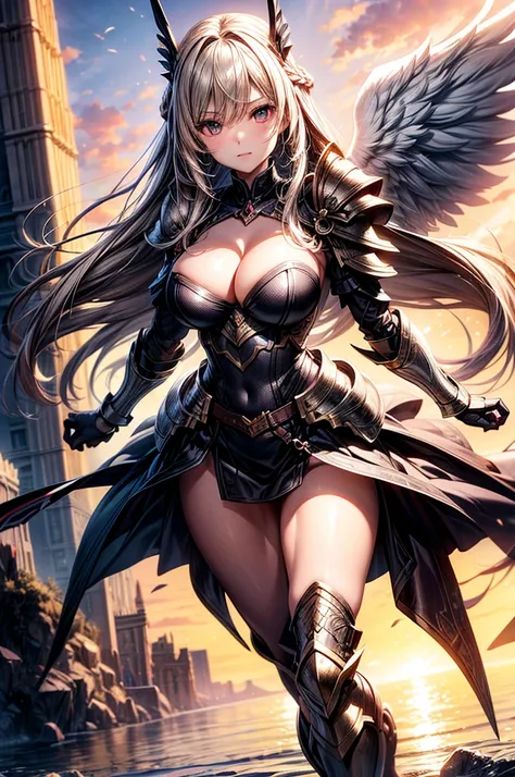 female archangel prepared for battle, an extremally beautiful warrior valkyre, ultra feminine, long hair, dark blonde hair, braided hair, wearing divine heavy armor, cleavage, big breasts, (white armor: 1.2), (angel wings: 1.2) spread, posing for a picture...