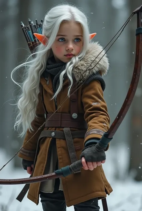 15 year old elf boy with pointy ears brown skin white hair dark blue eyes wearing a brown overcoat archery equipment shoes and very beautiful wavy silver hair to the shoulder in front 