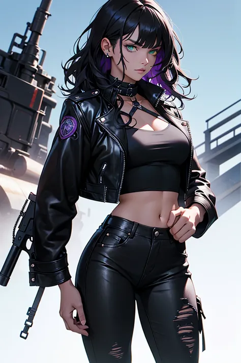 ((best quality)), ((masterpiece)), (detailed), perfect faceWoman, greeneyes, SPIRAL SCARS, shorth hair, WAVY FRINGE, black leather jacket, black pants, white blouse, spiral scars on the neck, black curly hair with purple parts, holding a gun, Woman, medium...