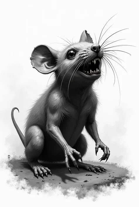 Create a sketch of a realistic hungry rat destroyed in black and white pointillism 