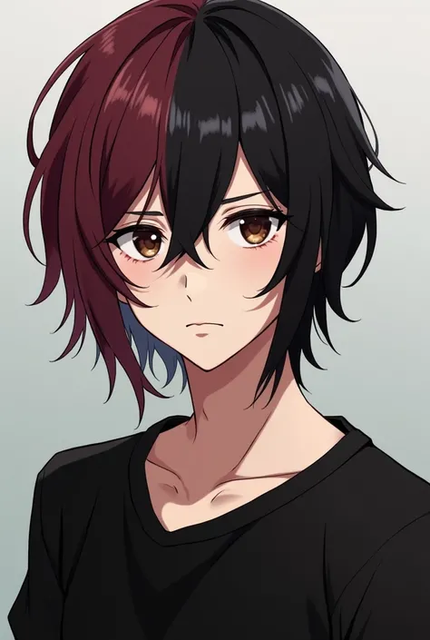 anime style young man, light skinned. Medium long hairstyle. Short and straight chameleon. Black hair color on the right side and light burgundy hair color on the left. Dark brown eyes and serious face. with black clothes