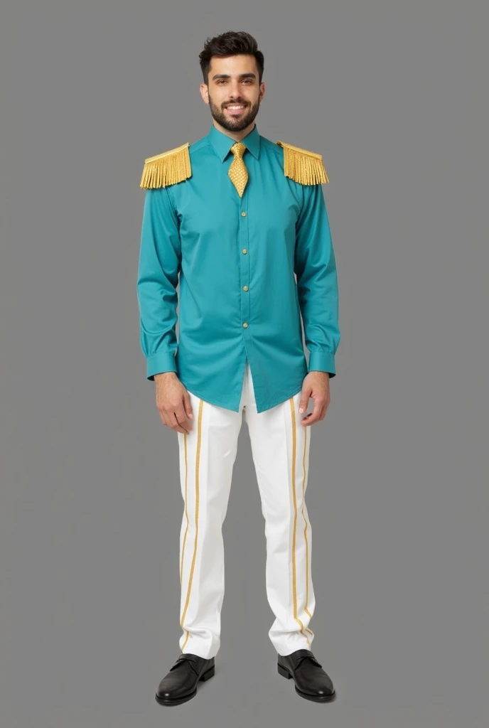 A man wearing a turquoise blue long-sleeved shirt, White pants with straight lines on the side in gold color, simple gold shoulder pads, black shoes, gold tie.