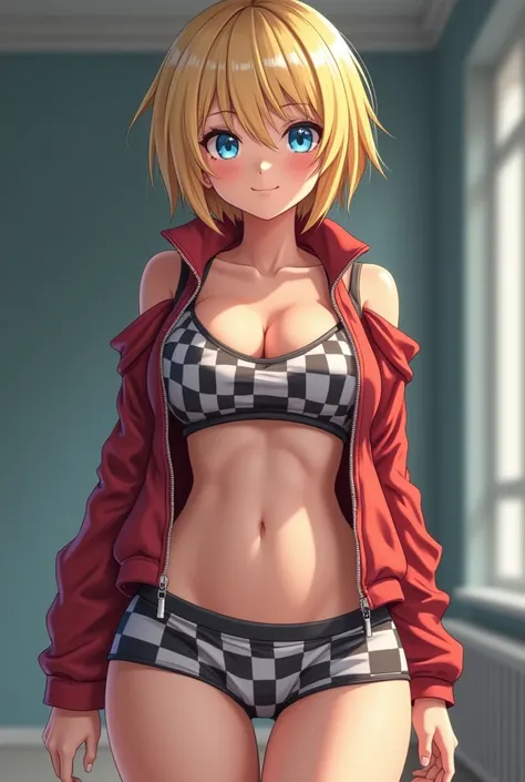 blonde with blue eyes,  short angled hair, crooped roso, short shorts showing half of the ass, checkered face, open zipper, tight shor, no panties in 8k hd anatomy style 