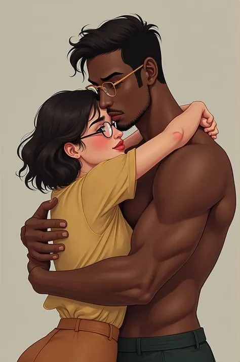 A tall guy with dark brown short hair and Deep dusky skin tone hugging a short little chubby fair girl. The guy has thick lips slender body little stubble brown metal spectacles and medium thick nose girl is fair rosy cheeks cute face dimples button nose a...