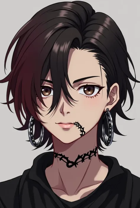 anime style young man, light skinned. Medium long hairstyle. Short and straight chameleon. Black hair color on the right side and light burgundy hair color on the left. Dark brown eyes and serious face. with black clothes. Snake style lip piercings. Barbed...