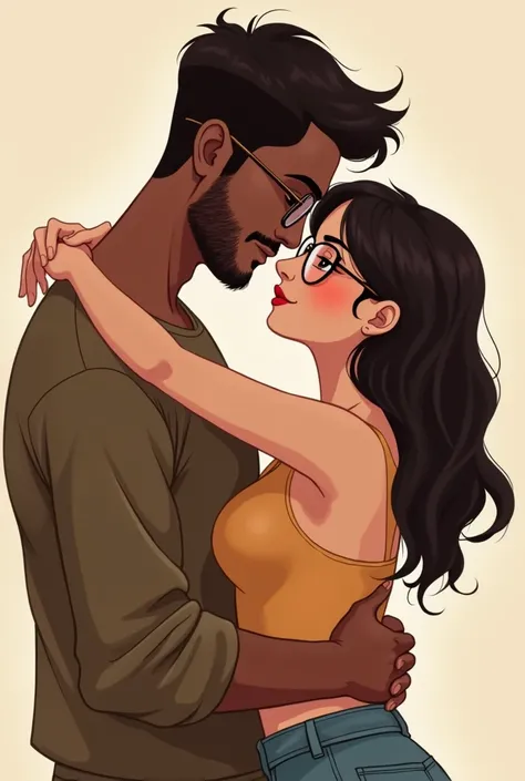 A tall guy with dark brown short hair and Deep dusky skin tone hugging a short little chubby fair girl. The guy has thick lips slender body little stubble brown metal spectacles and medium thick nose girl is fair rosy cheeks cute face dimples button nose a...