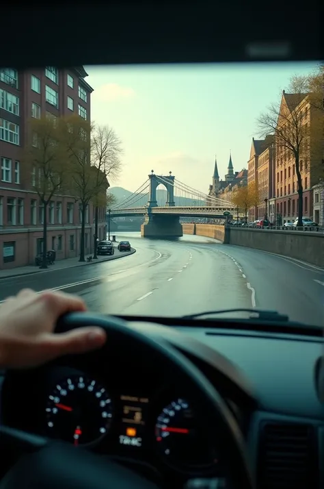 Photo riding in a car on a street with a river and a bridge