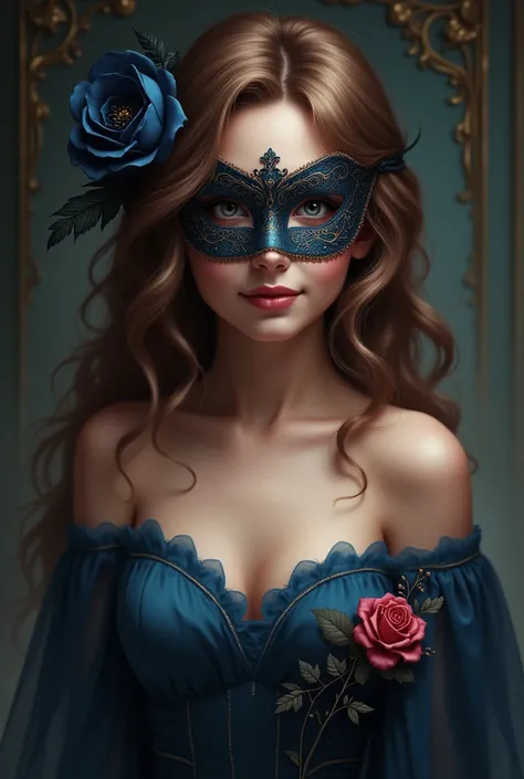 A girl with weavy brown hair thrown over one shoulder 
She is wearing a off shoulder dark blue gown with rose design in one side 
She is holding a mask hiding half of her face and other half smirks 