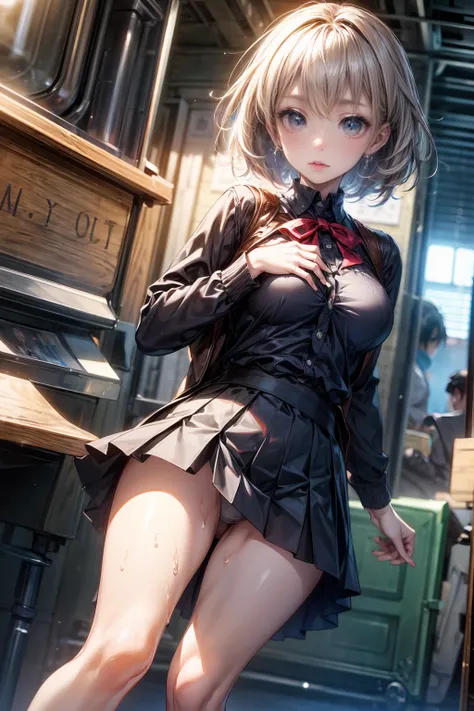 ((masterpiece)), ((Highest quality)), ((High resolution)), ((Highly detailed CG Unity 8k wallpaper)), alone、high school girl、Summer uniform、Short shirt、Short skirt、Panties、Open crotch、Wet、Nipple swelling、Underbust、hair、Straight Short Cut、Big eyes、High nose...