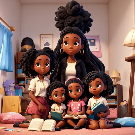 Image of a 5-year-old black girl reading a book with a black woman and man next to her in the bedroom