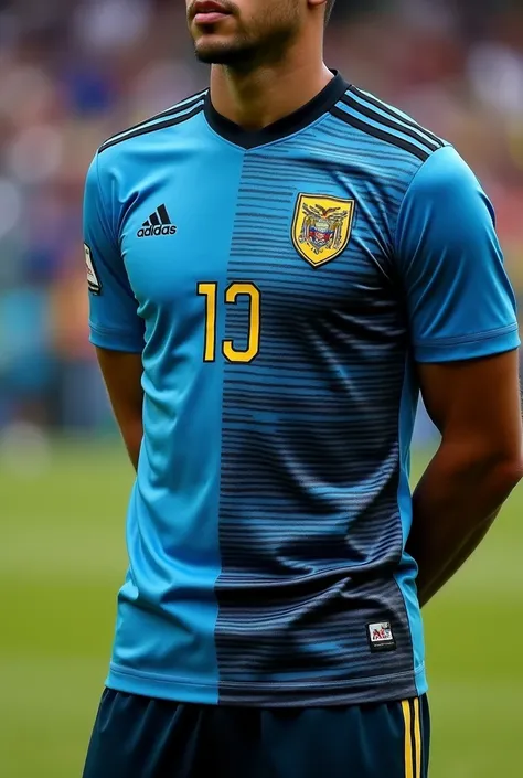 Adidas branded football shirt , the shield that refers to the Ecuadorian Navy, and colors of the blue shirt , celeste , black and white