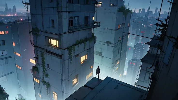 create a scene from the top of a building at night. in an abandoned city taken over by plants. 