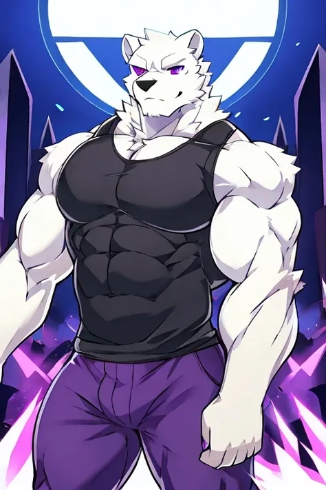 polar bone, muscular, purple eyes, with black sleeveless shirt, purple pants