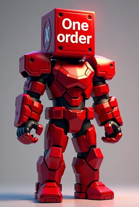 Make me a picture of a Minecraft Steve with red nederite armor and on top of his head the words One order