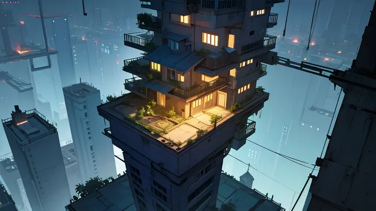 create a scene from the top of a building at night. in an abandoned city taken over by plants. 