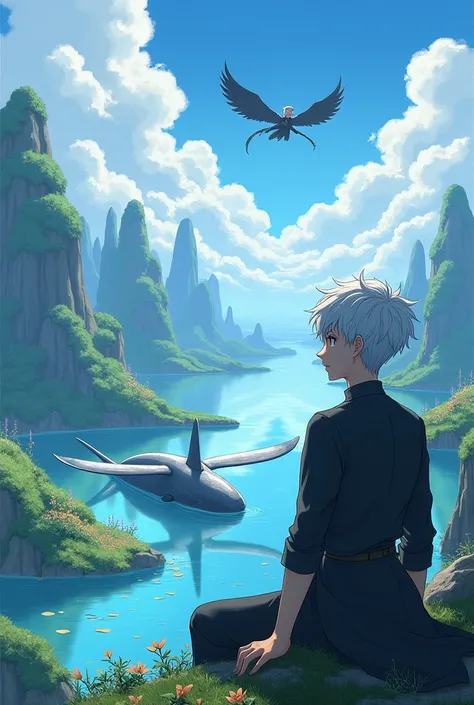 Create a magical fantasy landscape , ISEKAI anime style With an anime-type male human character sitting with his back turned looking at the horizon, white hair and 1.65 height Lakes must have a whale with 4 white wings .
In the distance a woman flying on h...