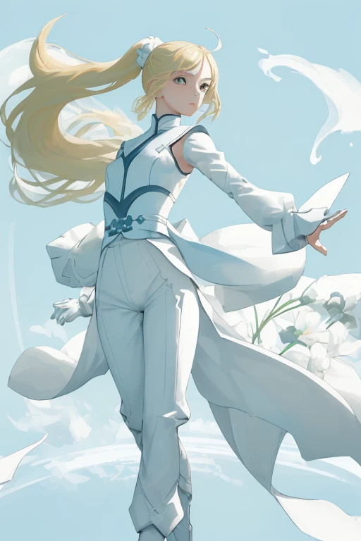 ((masterpiece,best quality)),(negative space:1.4),(1girl, solo:1.4),beautiful detailed eyes,floating blond ponytail hair, long white pants, perfect body, white clouds and blue sky, green grass, white flowers, dynamic pose, happy, walking outside in a sunny...