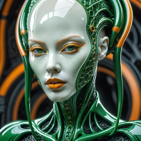 Striking hyperrealistic Glossy Carved green-white porcelain cyborg-alien, stunning face, perfect features, bald, beautiful amber-orange piping, high detailed cinematic background , H.R.Giger, Miki Asai Macro photography, close-up, hyper detailed, trending ...