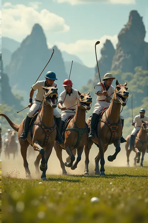 Polo game, Riders riding dinosaurs 