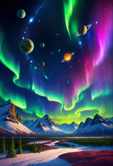 Create a futuristic and realistic image of the distant, mysterious and unknown universe, in that sky are all the planets and suns, colorful surrounded by northern lights, which give the image a feeling of distance and immortality.