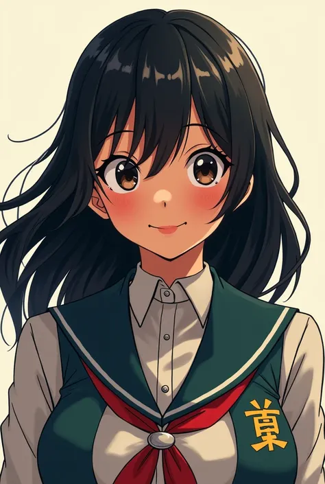 Get inspired by my Hero Academia and make a female character who has medium-long, straight black hair, is brown-skinned, has chubby cheeks, and has a wide nose but not too wide, with a UA uniform and dark brown eyes, no bangs in her hair, and is smiling.