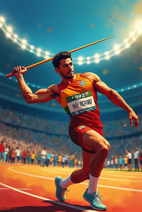 I want a post of 50×50 inch. The post must include arshad nadeems pic who currently wins gold in javelin throw in paris olympics 2024. Mention his record throw 92.97 must be mentioned in bold. 
