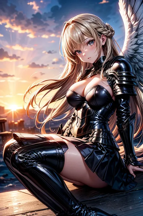 female archangel prepared for battle, an extremally beautiful warrior valkyre, ultra feminine, long hair, dark blonde hair, braided hair, wearing divine heavy armor, long leather boots, cleavage, big breasts, (white armor: 1.2), full plate armor, (angel wi...