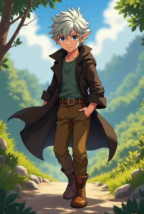 Teenage elf boy is the anime type silver curly hair dark blue eyes dark brown coat brown pants and shoes appearance 15 years old