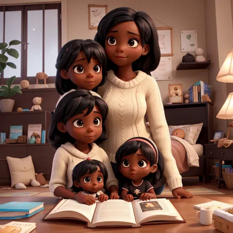 Cozy intimate family reading book with their little black daughter