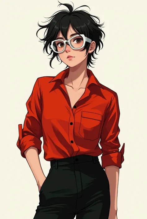 A tomboy girl with messy hairstyle, height 57
Skintone fair, wearing red shirt folding sleeves and black formal pant, with oversized white spectacle.