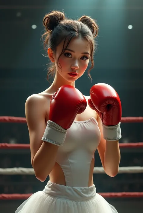 Female ballerina in white tutu and red boxing gloves, standing in a boxers stance in the ring, a serious look from under the forehead, slightly swollen from blows, hyperrealistic painting, Daryusha Shokof, shutterstock winner, hq 4k phone wallpaper, mobile...