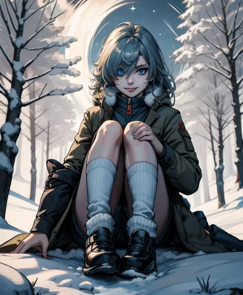 (masterpiece, best quality:1.2), single, 1girl, hair over one eye, blue eyes, split, nice smile, winter coat (white), shoes, win...