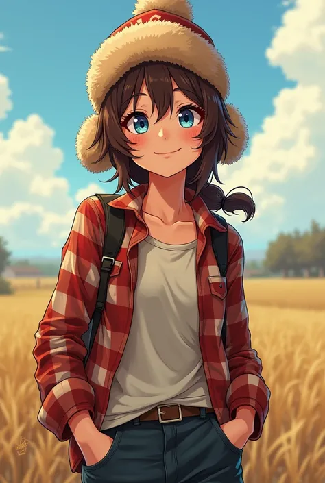 A young, slender girl, around 18 years old, with an open and friendly expression. She wears dark boots and wide pants, giving her a slightly casual but confident look. Shes dressed in an unbuttoned checkered shirt, underneath which she has a light-colored ...