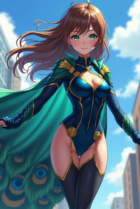 In anime style. A teenage girl, holder of a peacock miraculous. She has brown hair and green eyes. Her superhero costume is sexy and practical. She has Black stockings and dark blue "armor" protecting her torso. She has a peacock like tail and flowy sleeve...