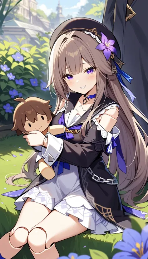 1girl, huge tit,grin,1boy, hugging each other, masterpiece, best quality, very aesthetic, absurdres,,1girl, herta (honkai: star rail), honkai (series), long hair, purple eyes, doll joints, joints, flower, hat, beret, black headwear, brown hair, dress,in ga...